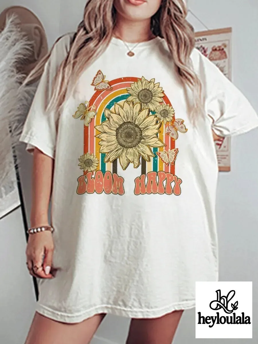 Vintage Bloom Happy Sunflower Rainbow Graphic T-Shirt