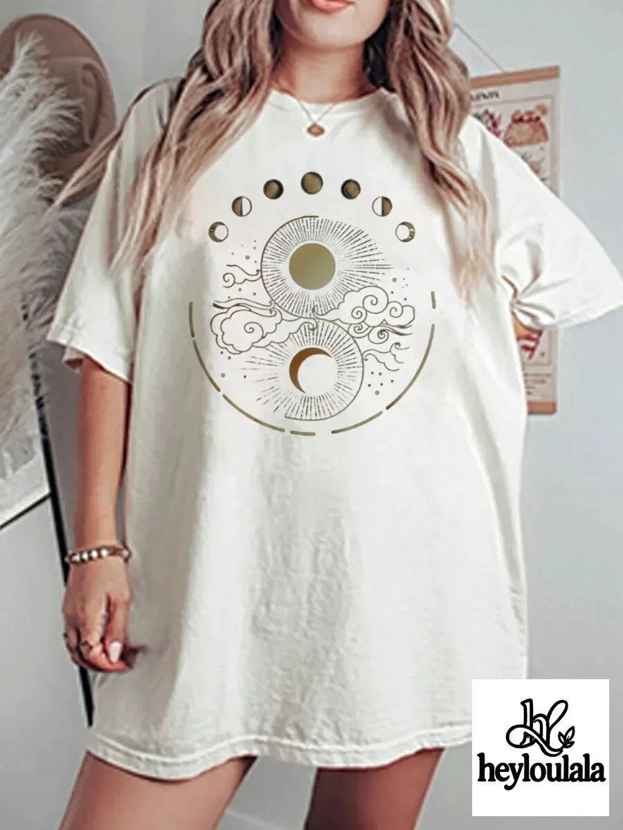 Celestial Sun and Moon Phases Boho Oversized Graphic T-Shirt