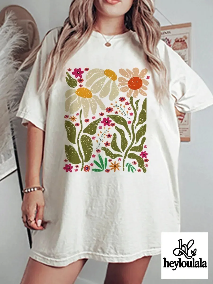 Vintage Hippie Flower Power Oversized Graphic T-Shirt for Women