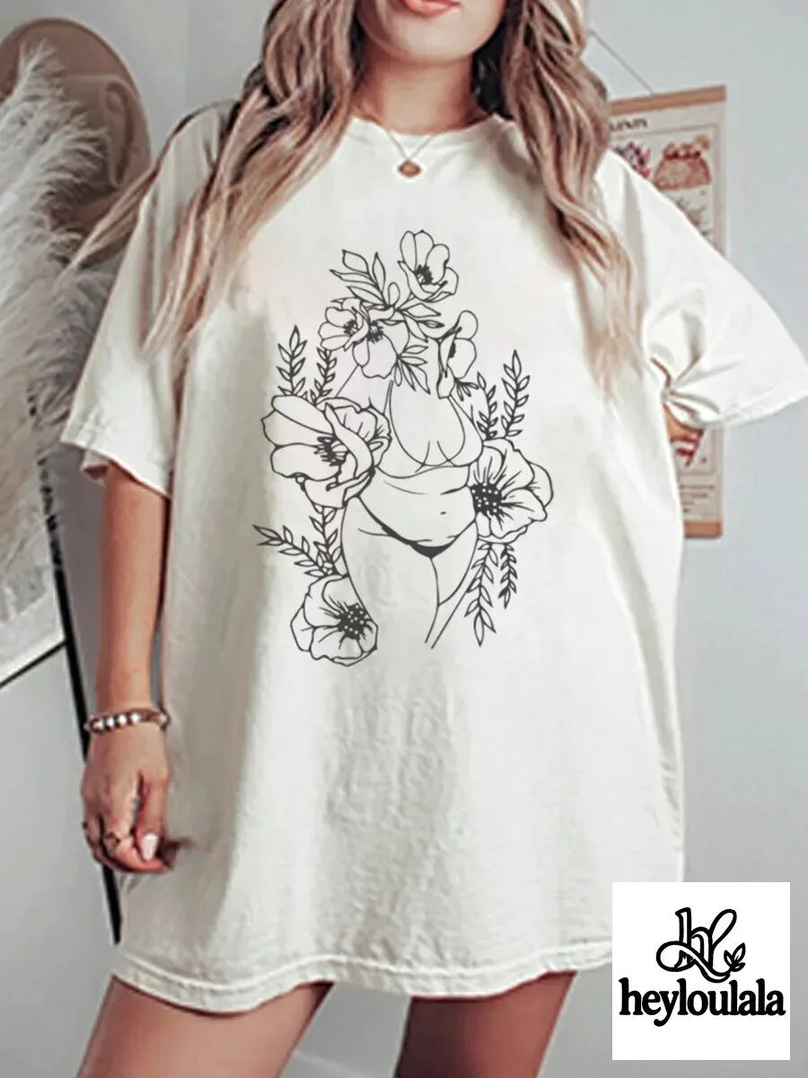 Floral Outline Oversized T-Shirt for Body Positivity