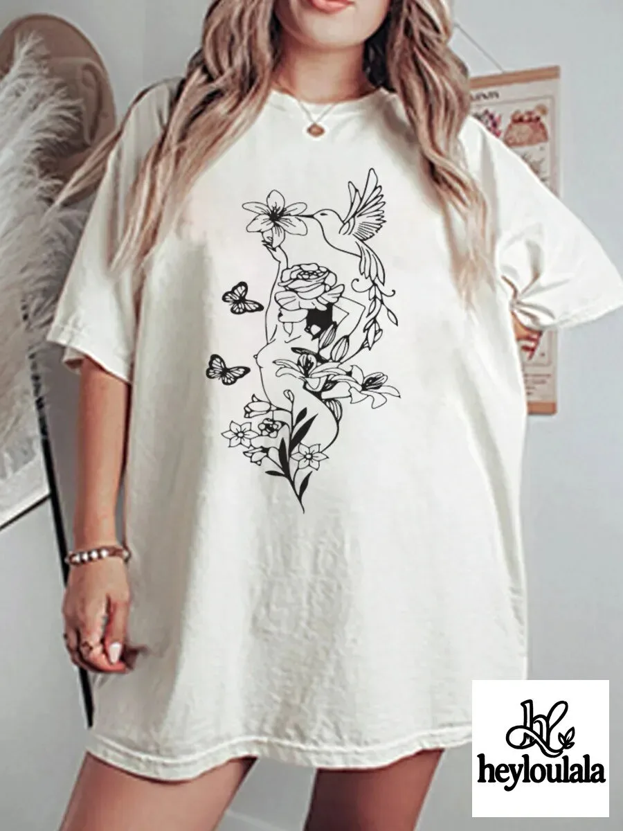 Vintage Nude Floral Oversize Graphic T-Shirt