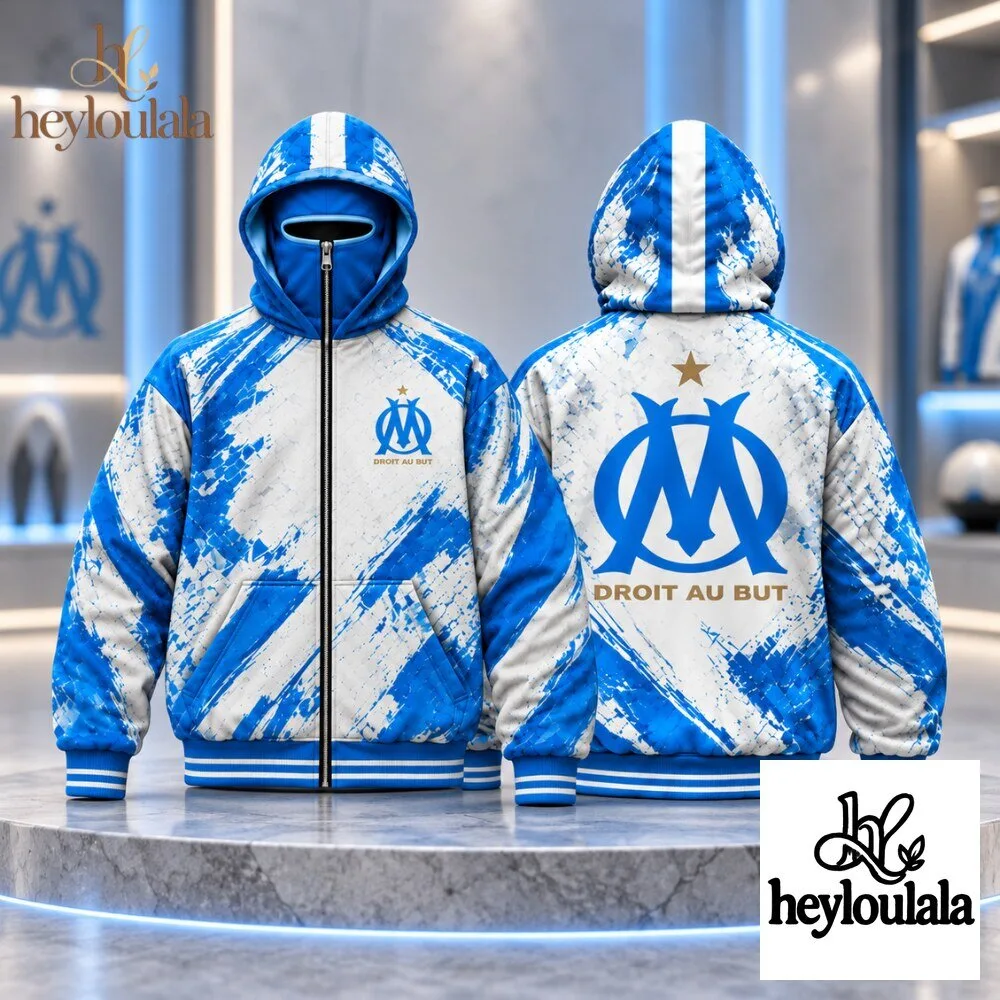 Olympique de Marseille Droit Au But High Neck Masked Zip Graphic Hoodie 2026